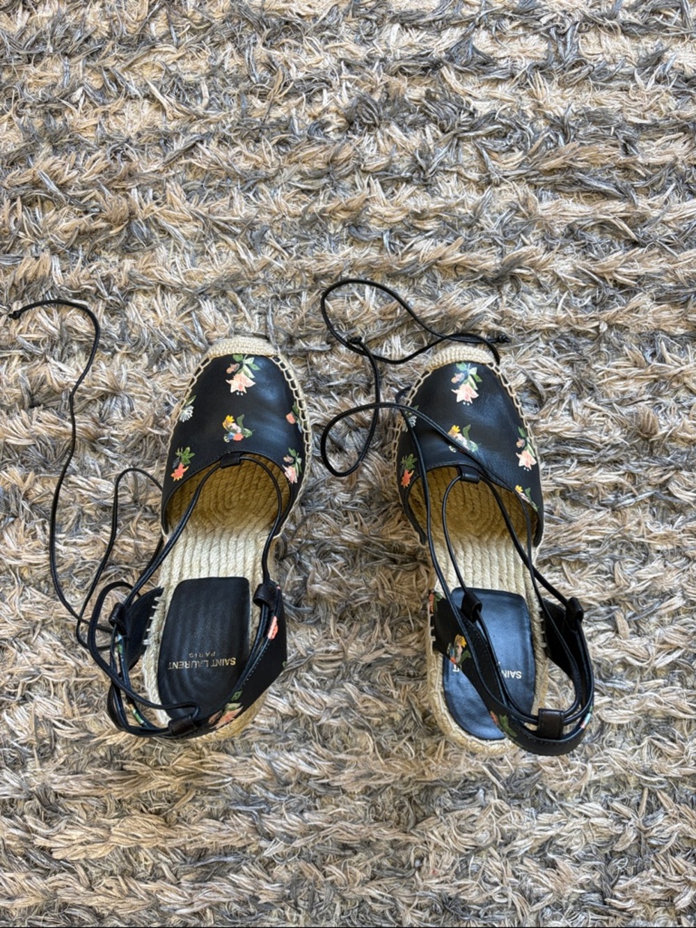 Saint Laurent Natural Raffia Wedges with Black Floral Ties 36 - Picture 5 of 13
